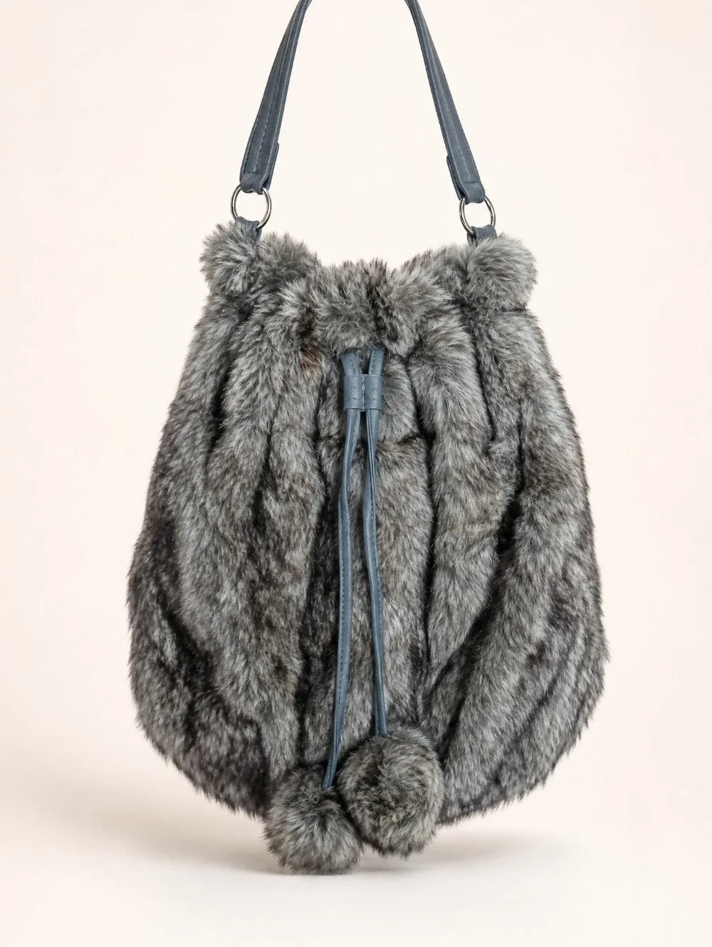 Claire's Vintage-Style Gray Faux Fur Pom Pom Shoulder Bag — New Old Stock